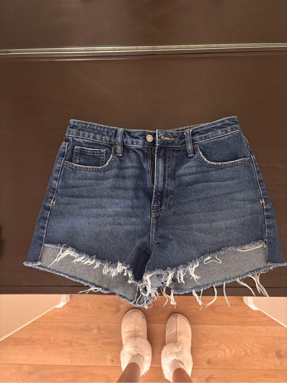 Frayed Hem Dark Blue Denim Jean Shorts
